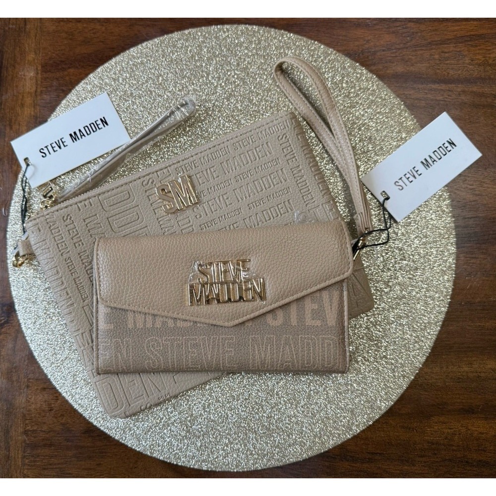 Steve Madden Embossed Logo Handle Wallet 8" x 4" AND Wristlet 9.5" x 7" Sand